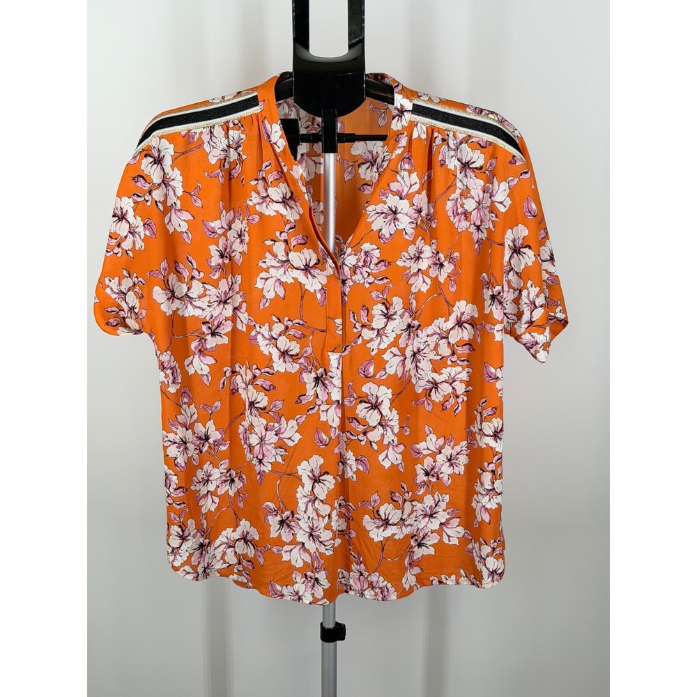 Karl Lagerfeld Paris Orange Floral Short Sleeve Blouse Metallic Stripe Large